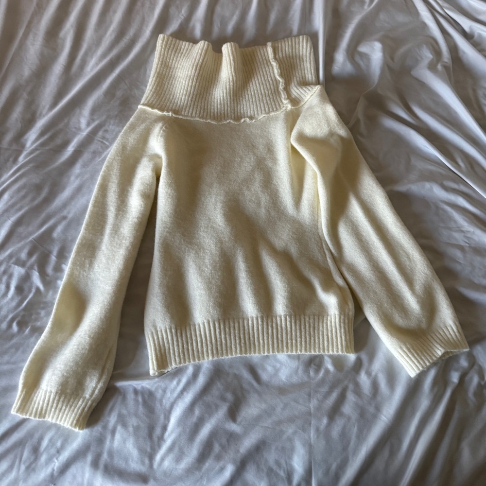 Cream Off The Shoulder Cowl Neck Sweater Ivory Oversized Cozy Knit Small - Picture 2 of 15